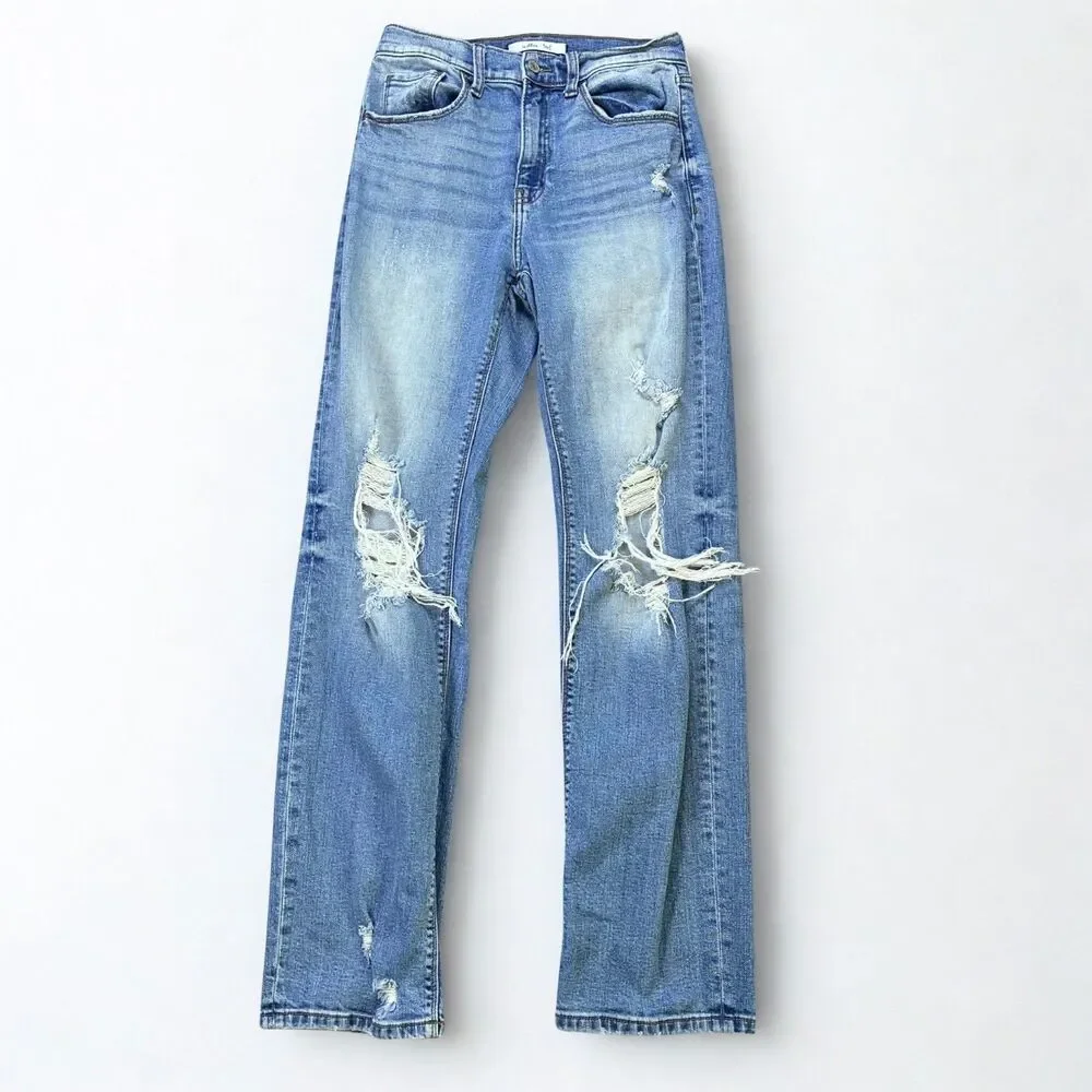 Willow + Root Rise Up Jeans Womens 26 Light Wash Distressed Straight Leg Stretch - Picture 1 of 9